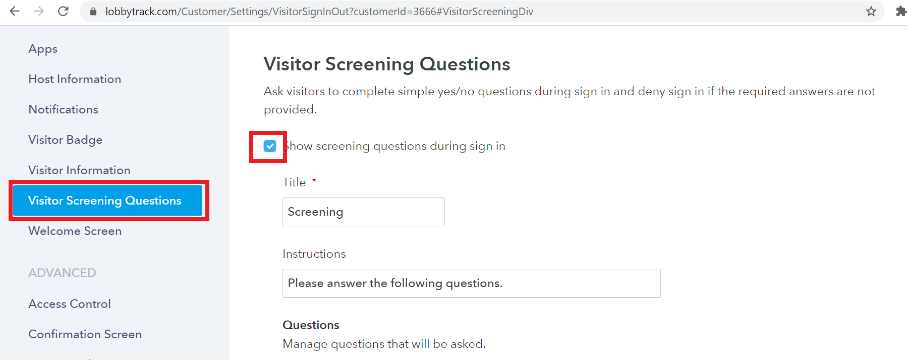 Visitor Screening Questions